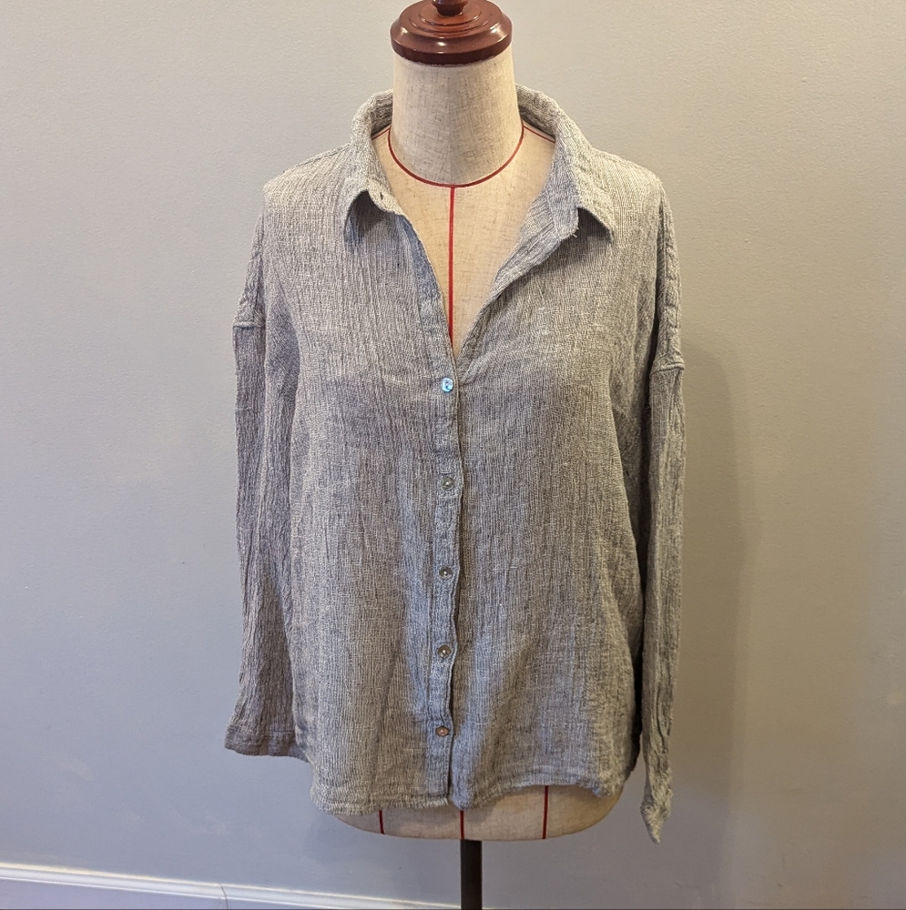 Tahari Womens Button Front Shirt Top Size L Gray Linen Collared